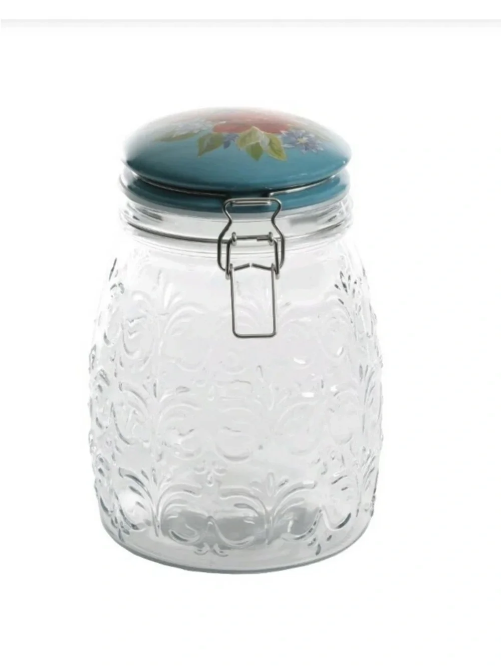 Pioneer Woman Hand-Painted Floral Glass Storage Jar with Blue Lid